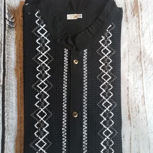 Mexican Guayabera Shirt Model Malla Black